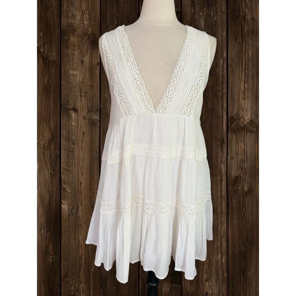 Band Of Gypsies Crochet Lace Tiered Babydoll Dress Sz S White Lined Fairy Core